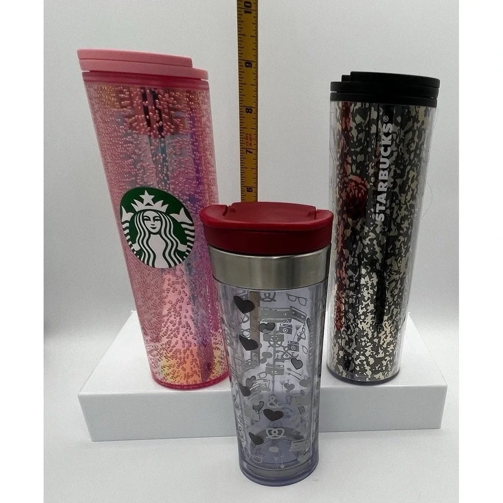 3 Starbucks Tumbler Lot 2009 Retro 12oz, 2 16oz Black Gold Foil & Pink Bubbles